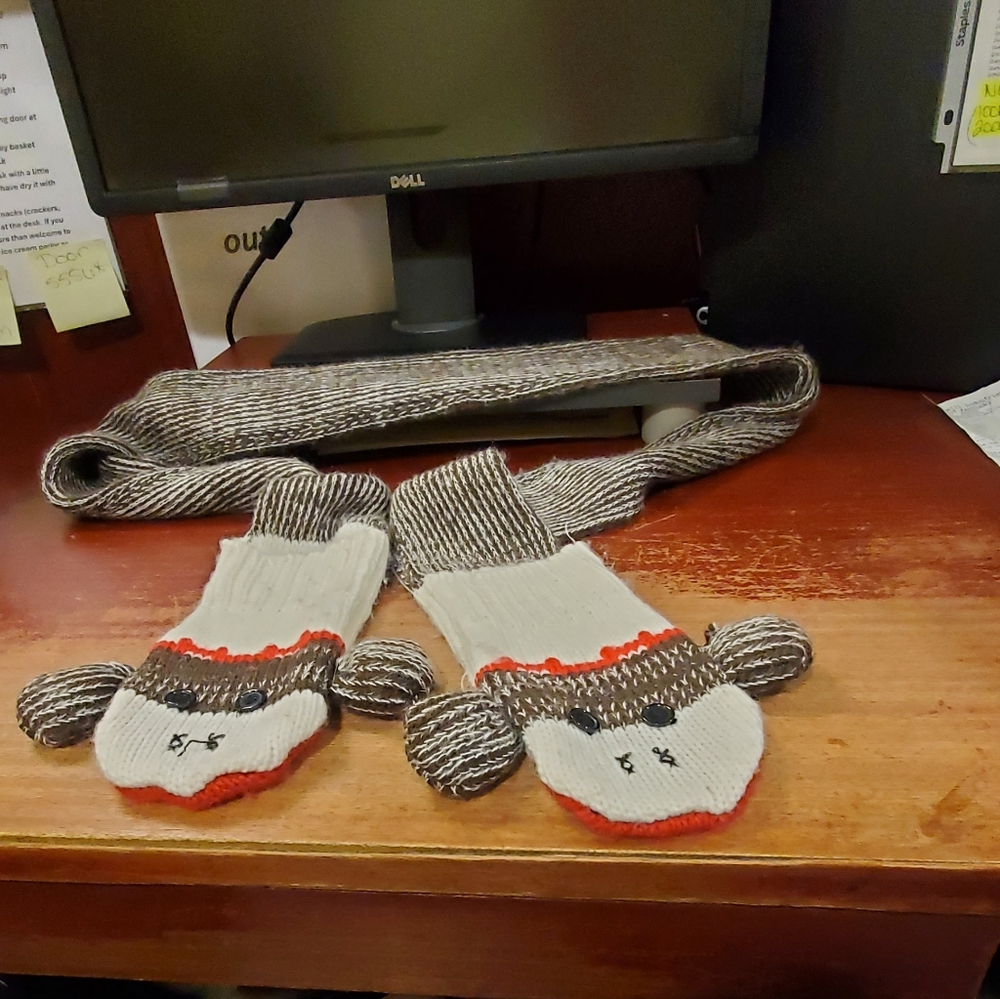 Cute Monkey Knit Scarf and Mittens Set